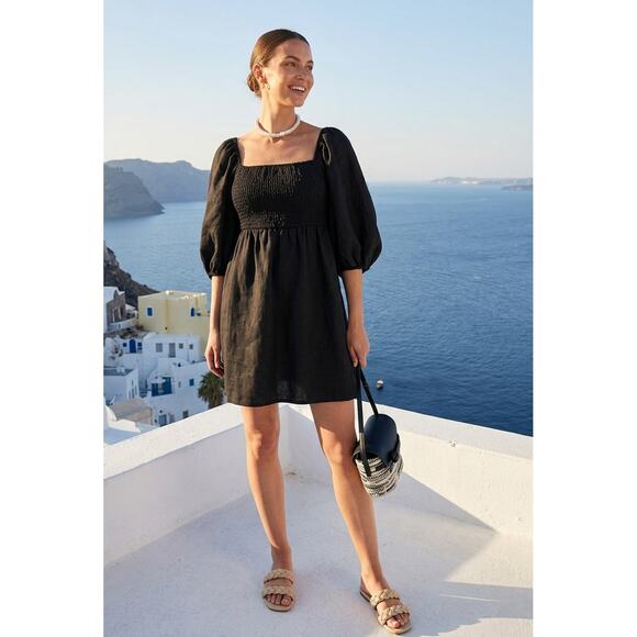 Tuckernuck Dresses & Skirts - Tuckernuck NWOT Annie Smocked Mini Dress XS Black Linen Puff Sleeve Resort Wear